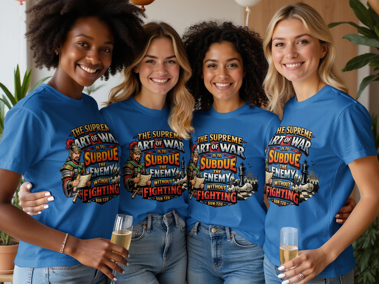 Four women in blue shirts showing "The Supreme Art of War" quote and graphic.