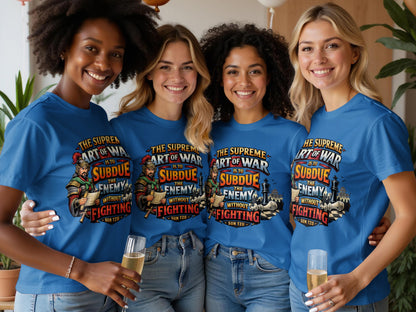 Four women in blue shirts showing "The Supreme Art of War" quote and graphic.