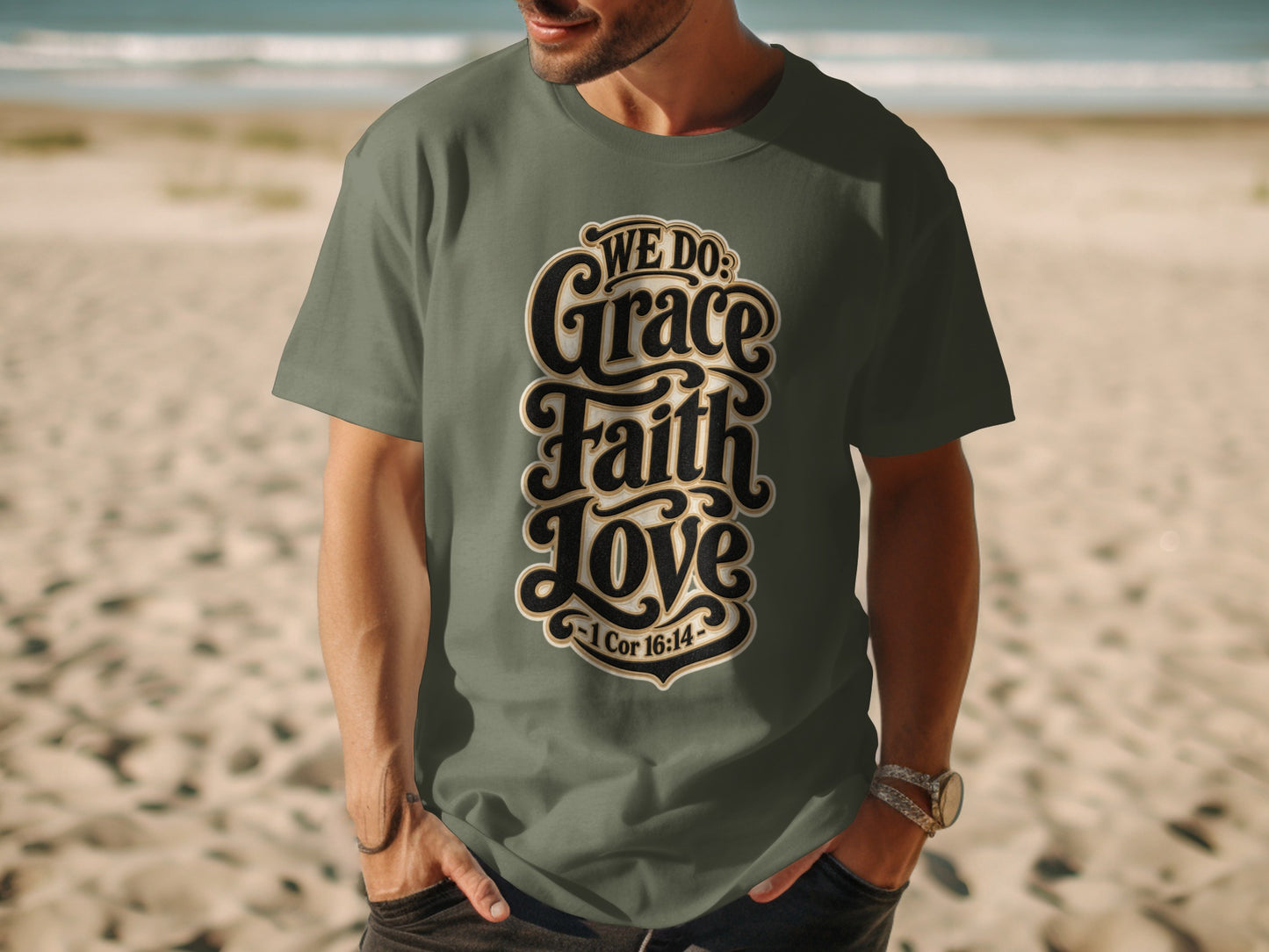 Gray t-shirt with "WE DO Grace Faith Love -1 Cor 16:14-" text