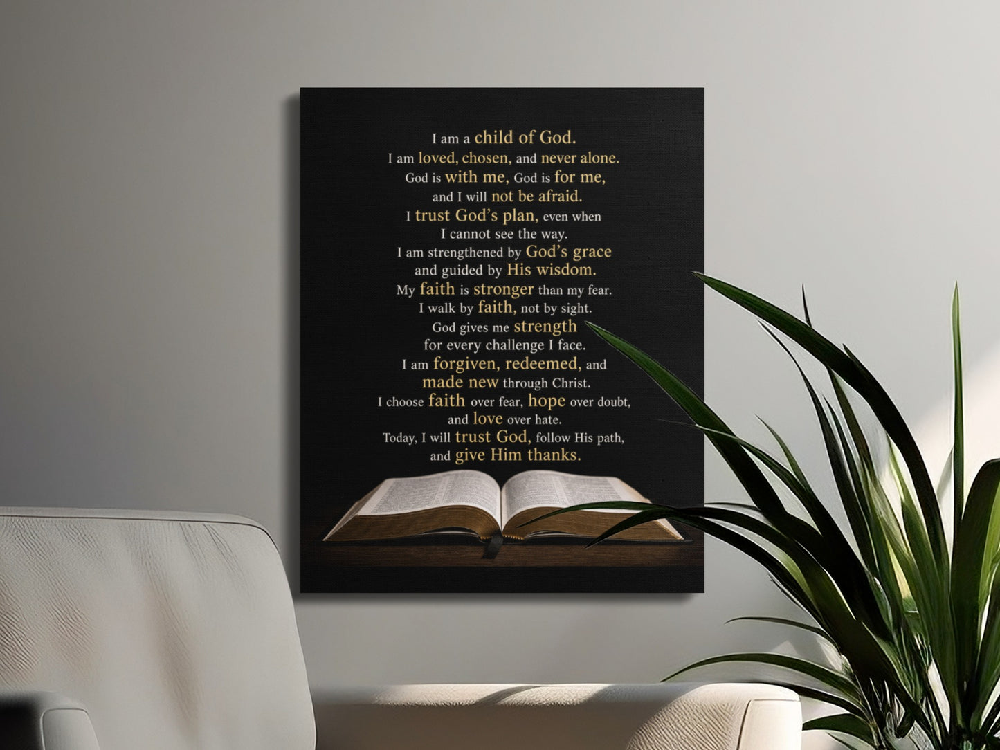 Canvas print with inspirational Christian text and an open Bible graphic.