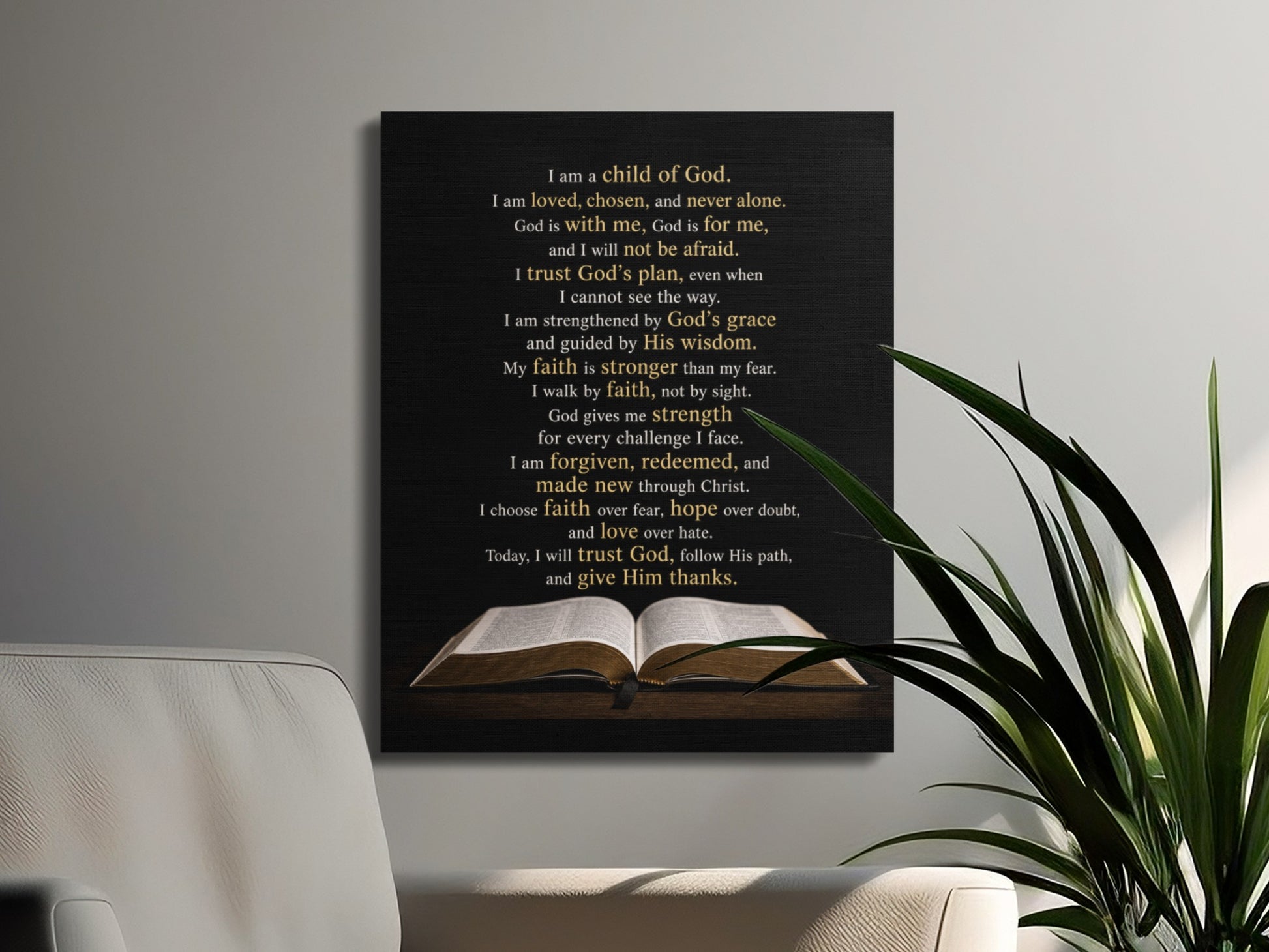 Canvas print with inspirational Christian text and an open Bible graphic.