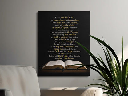 Canvas print with inspirational Christian text and an open Bible graphic.