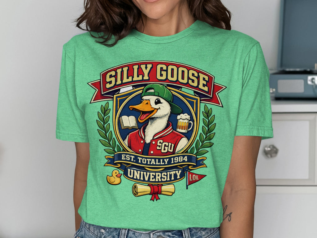 Silly Goose University est. totally 1984 graphic tee with a duck holding a beer.