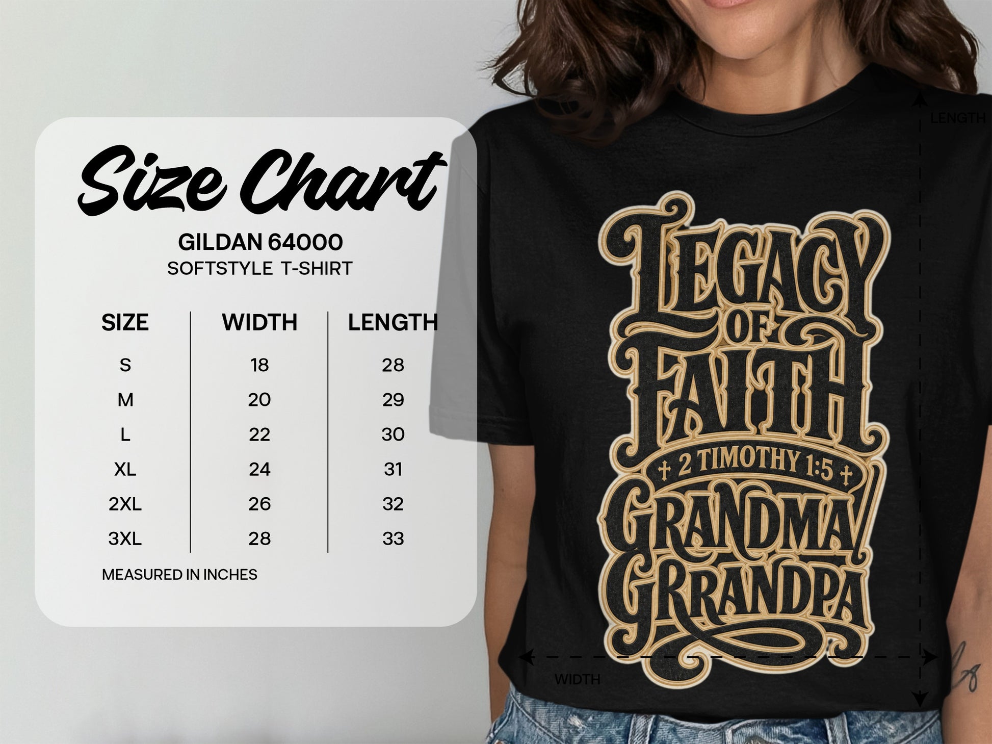 Size chart for Gildan 64000 softstyle t-shirt with Legacy of Faith Grandma Grandpa design.