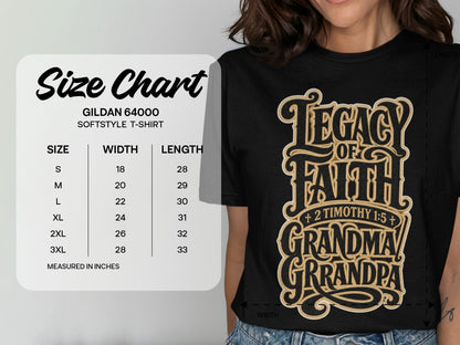 Size chart for Gildan 64000 softstyle t-shirt with Legacy of Faith Grandma Grandpa design.
