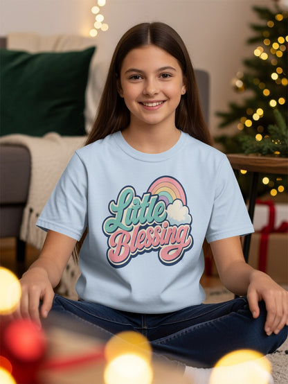 Light blue t-shirt with "Little Blessing" text and rainbow, clouds.