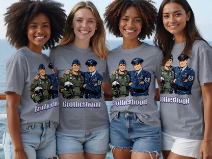 Four women smile wearing grey t-shirts featuring a "Brotherhood" graphic and pilot illustrations.