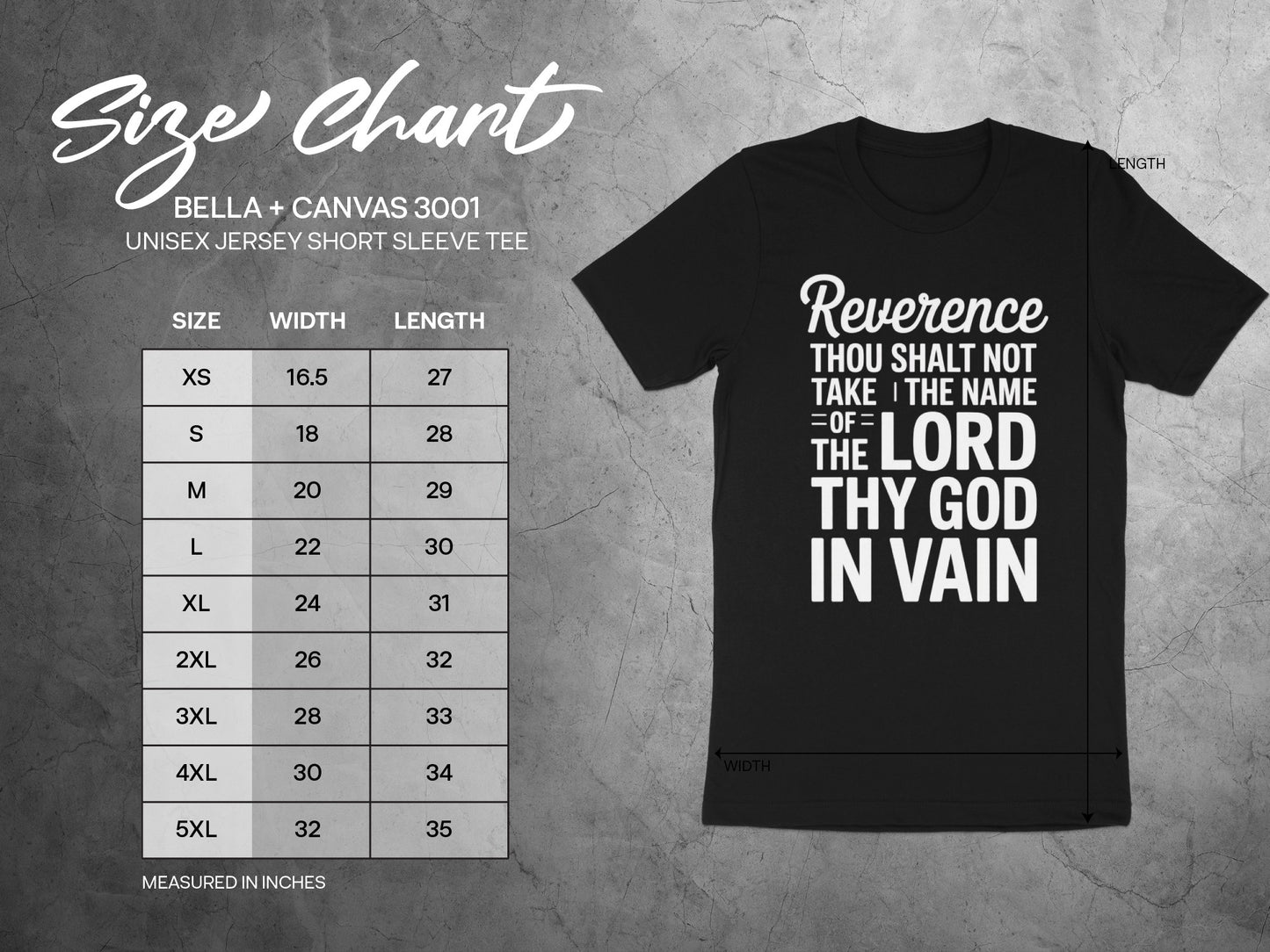 Bella + Canvas 3001 size chart for unisex short sleeve tee with garment dimensions.