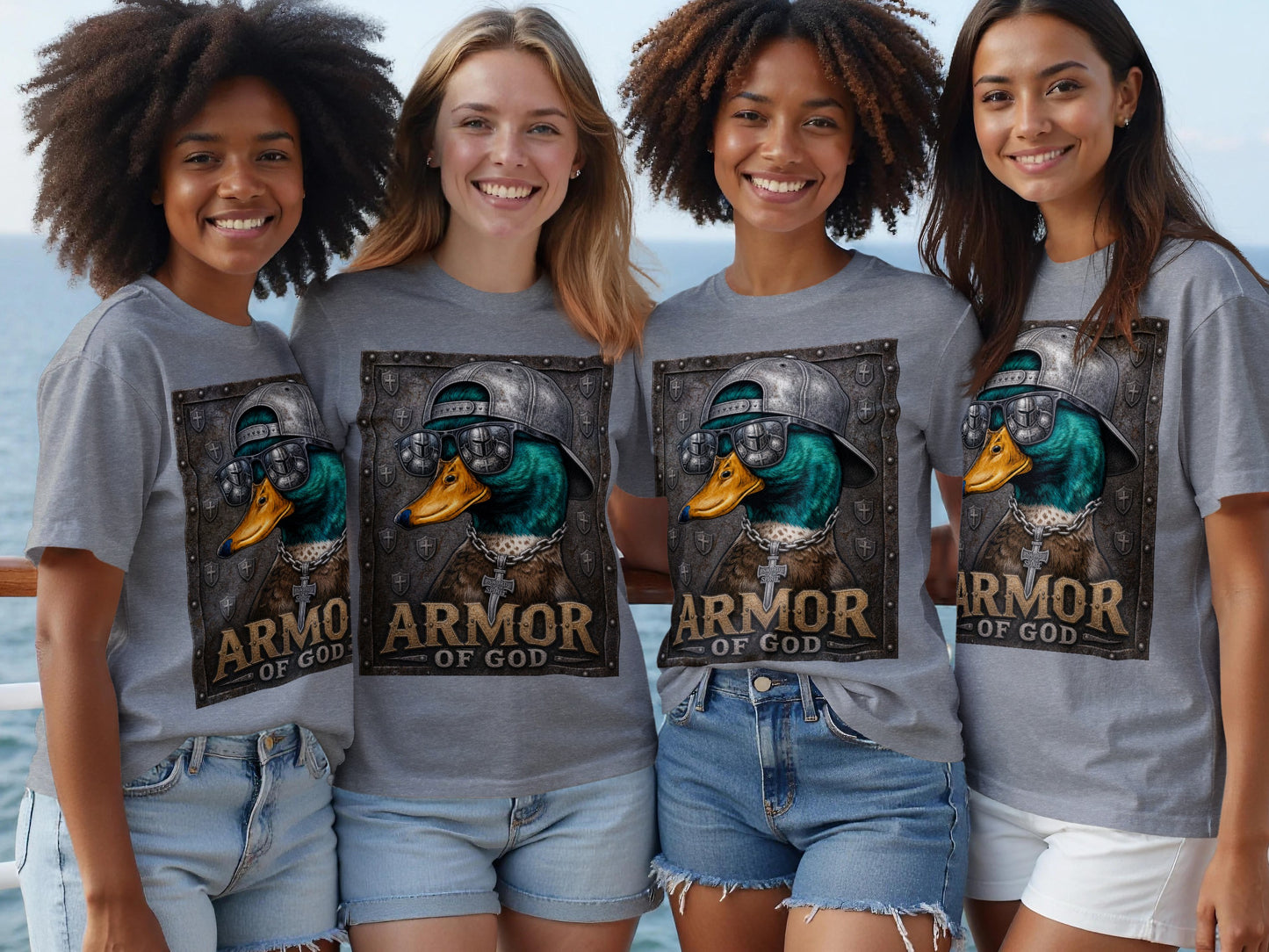 Four women wear grey t-shirts featuring a mallard duck in armor with "ARMOR OF GOD" text.