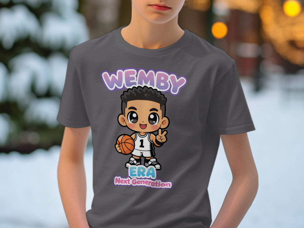 Dark grey t-shirt with cartoon basketball player holding ball and "WEMBY ERA Next Generation".