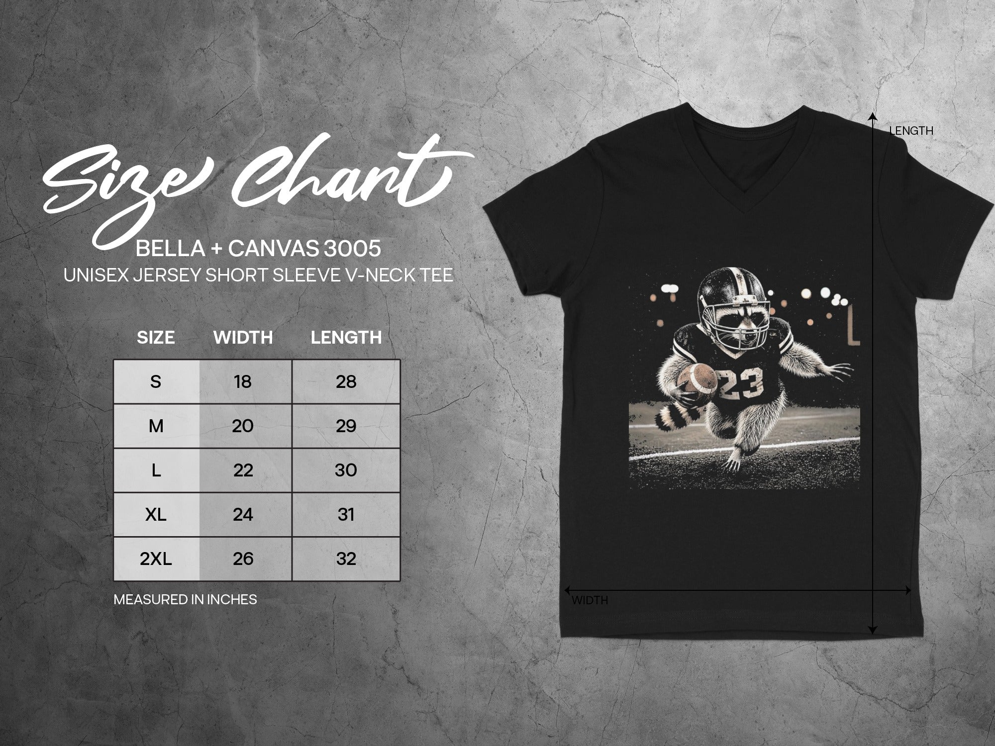 Bella + Canvas 3005 unisex v-neck tee size chart with raccoon football player graphic.