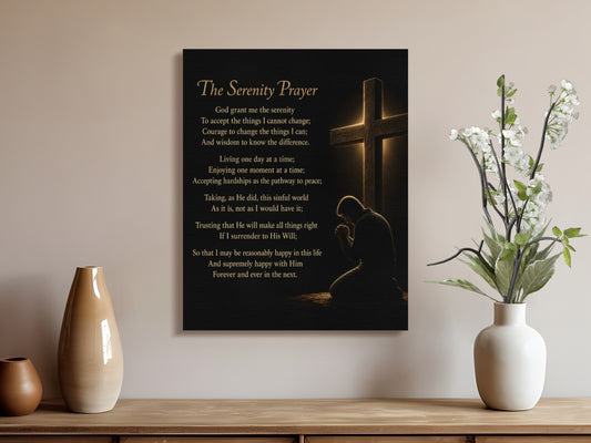 The Serenity Prayer on canvas with a silhouette of a praying figure before a cross.