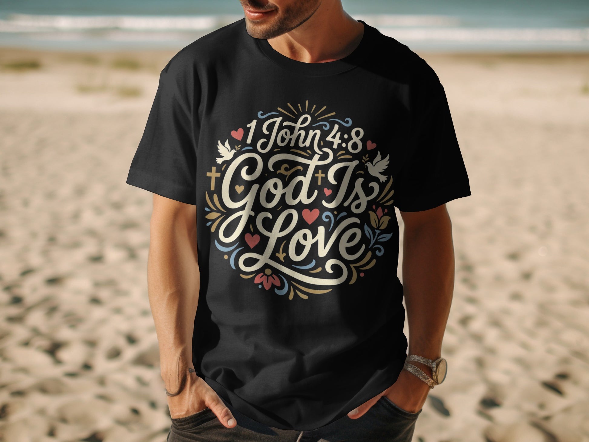Black t-shirt with "1 John 4:8 God Is Love" and doves design.