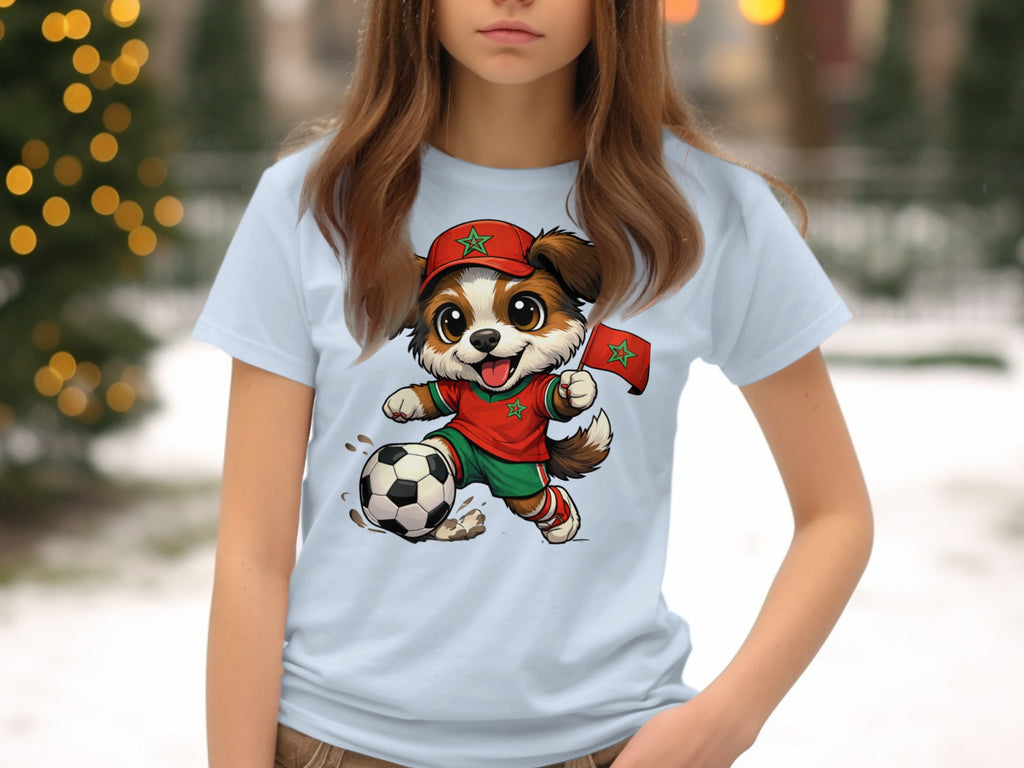 Cartoon dog in soccer uniform with Moroccan flag kicks a soccer ball.