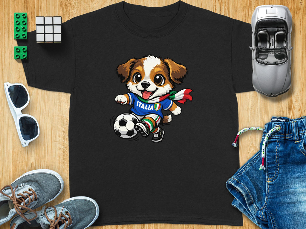 Black t-shirt featuring a cartoon dog kicking a soccer ball, wearing Italia jersey.