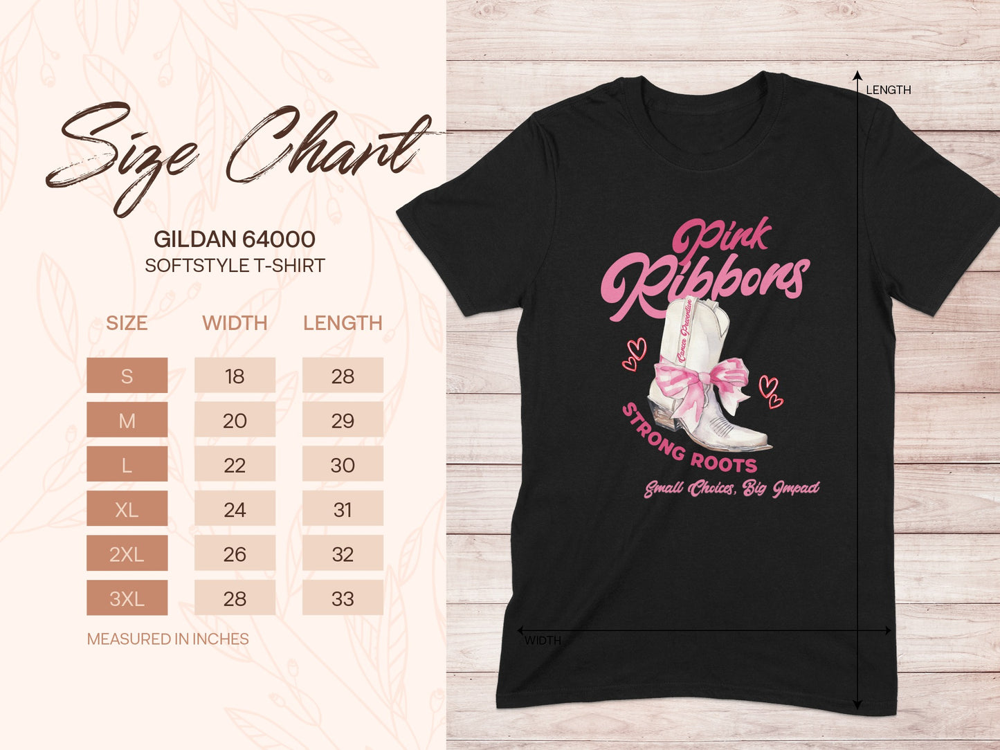Black Gildan 64000 t-shirt with "Pink Ribbons Strong Roots" design and size chart.