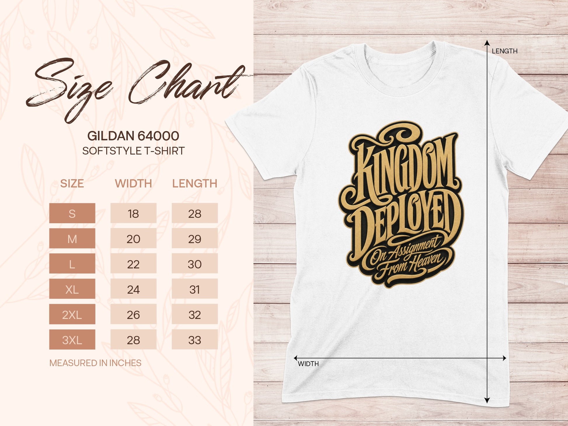 Gildan 64000 softstyle t-shirt size chart with kingdom deployed graphic.
