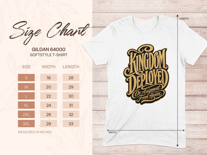 Gildan 64000 softstyle t-shirt size chart with kingdom deployed graphic.