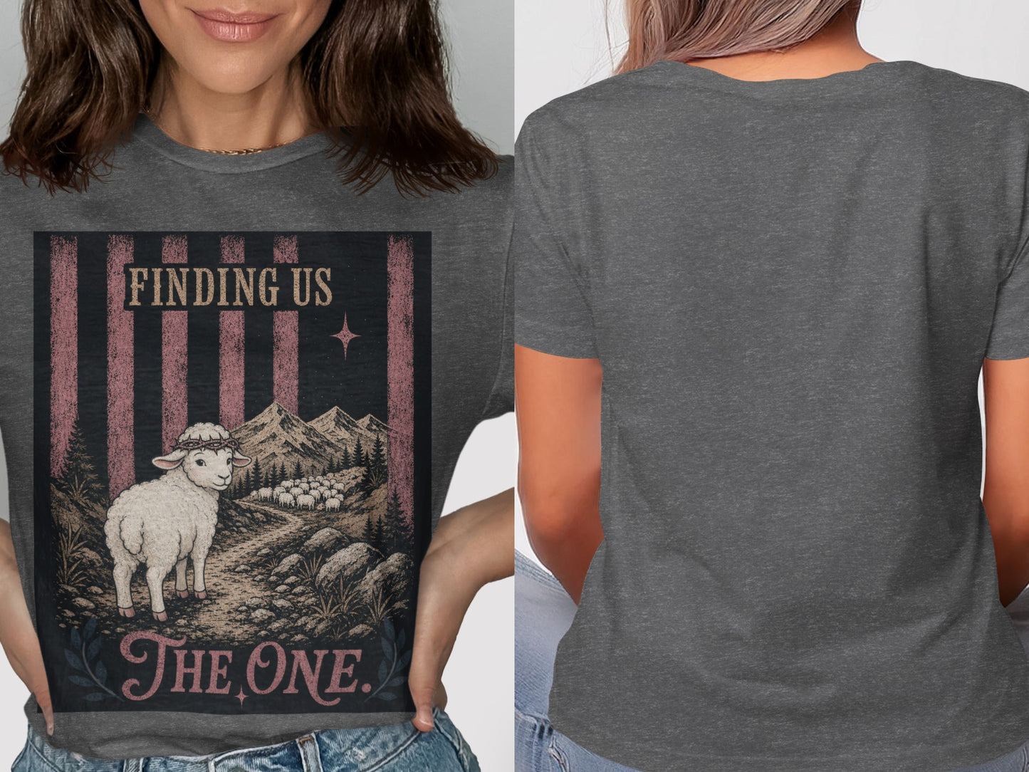 Sheep with crown of thorns, "Finding Us The One" text, mountains, and flock.