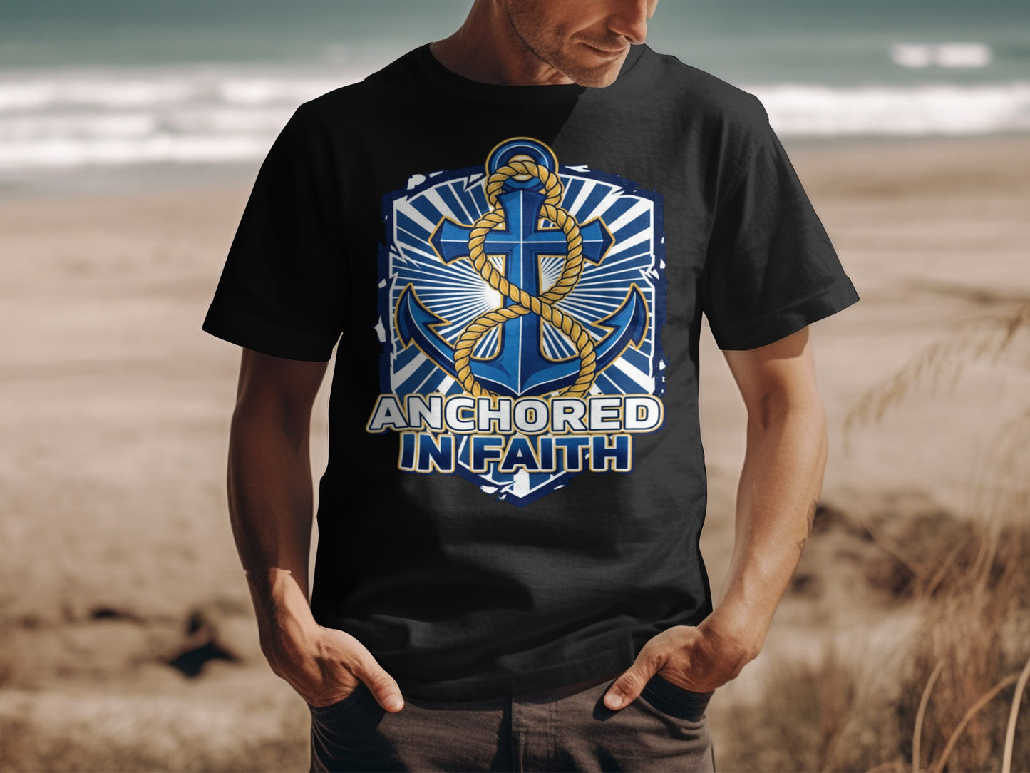 Black t-shirt with blue anchor, cross, rope, and "ANCHORED IN FAITH" text.