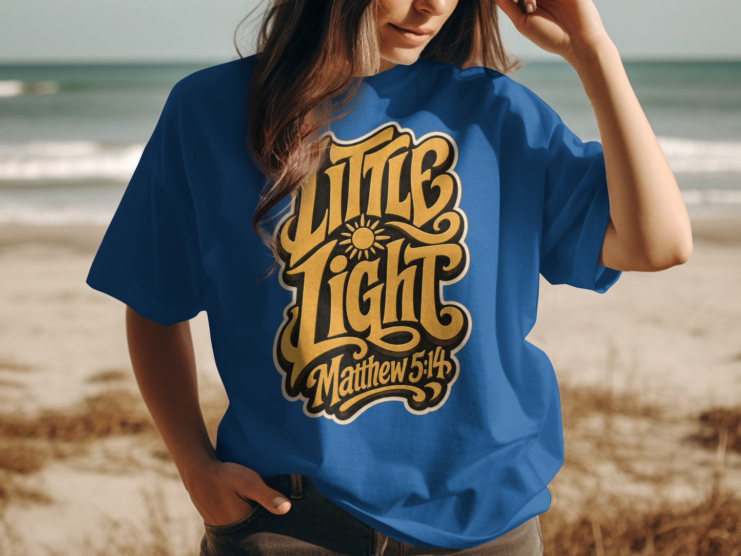 Blue t-shirt with "Little Light Matthew 5:14" text and sun graphic.