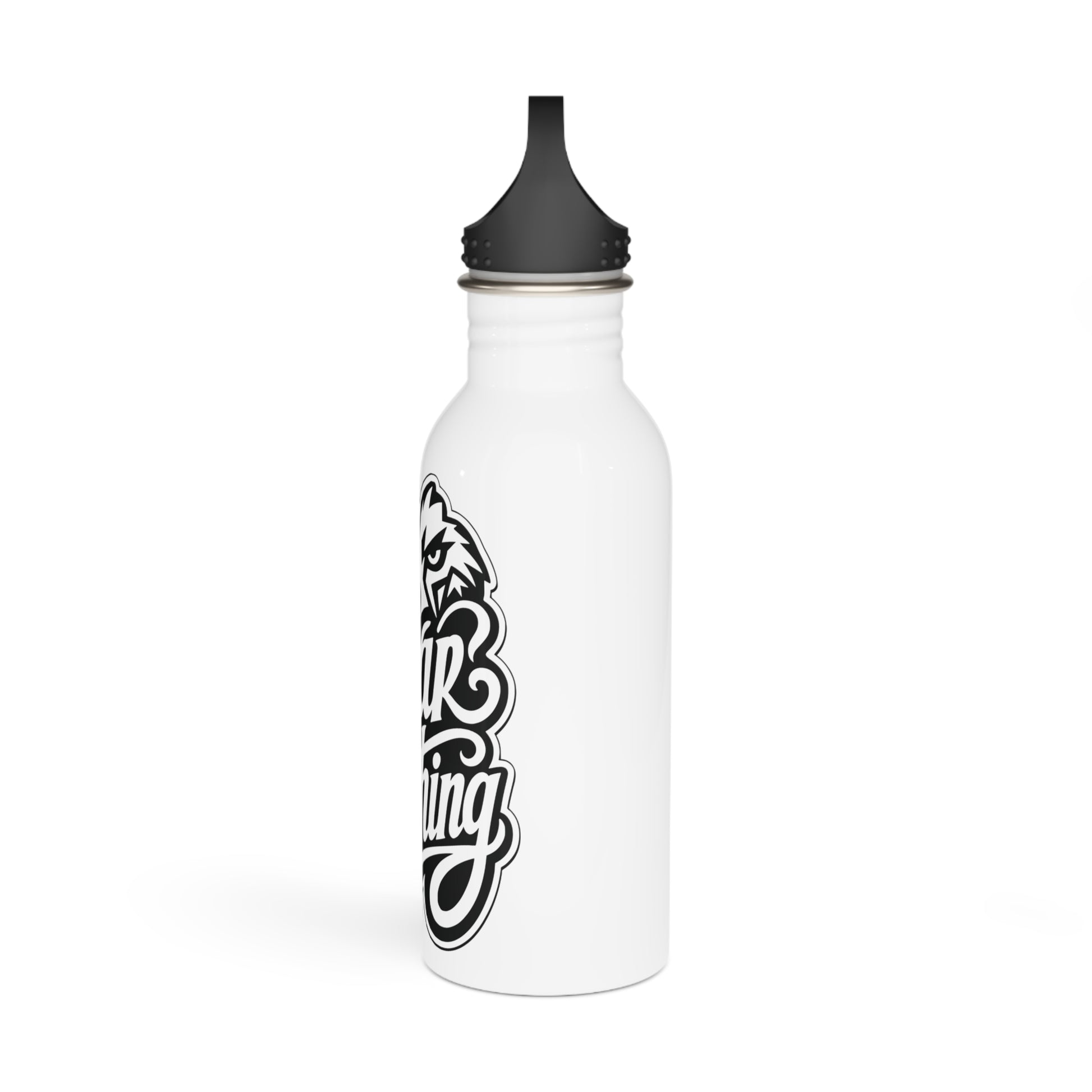 White metal water bottle with black cap and graphics of an eagle and text.