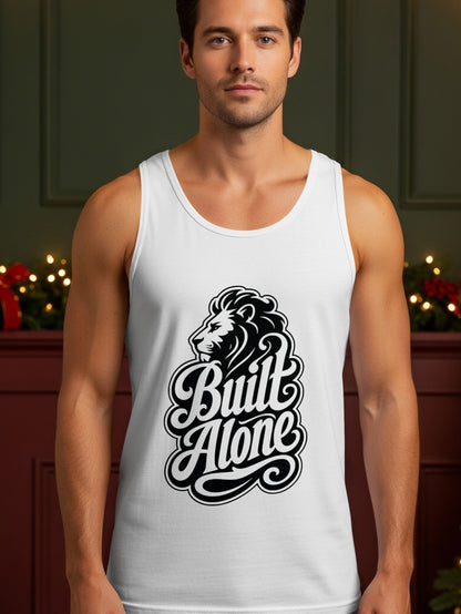 White tank top featuring a black lion head and "Built Alone" text design.