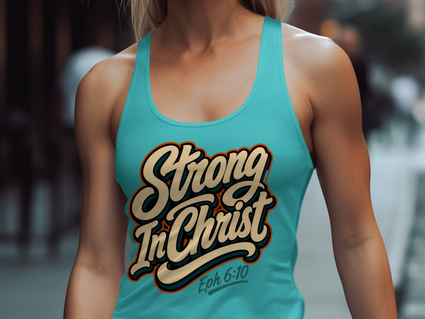 Turquoise tank top with "Strong In Christ" graphic and "Eph 6:10" text.