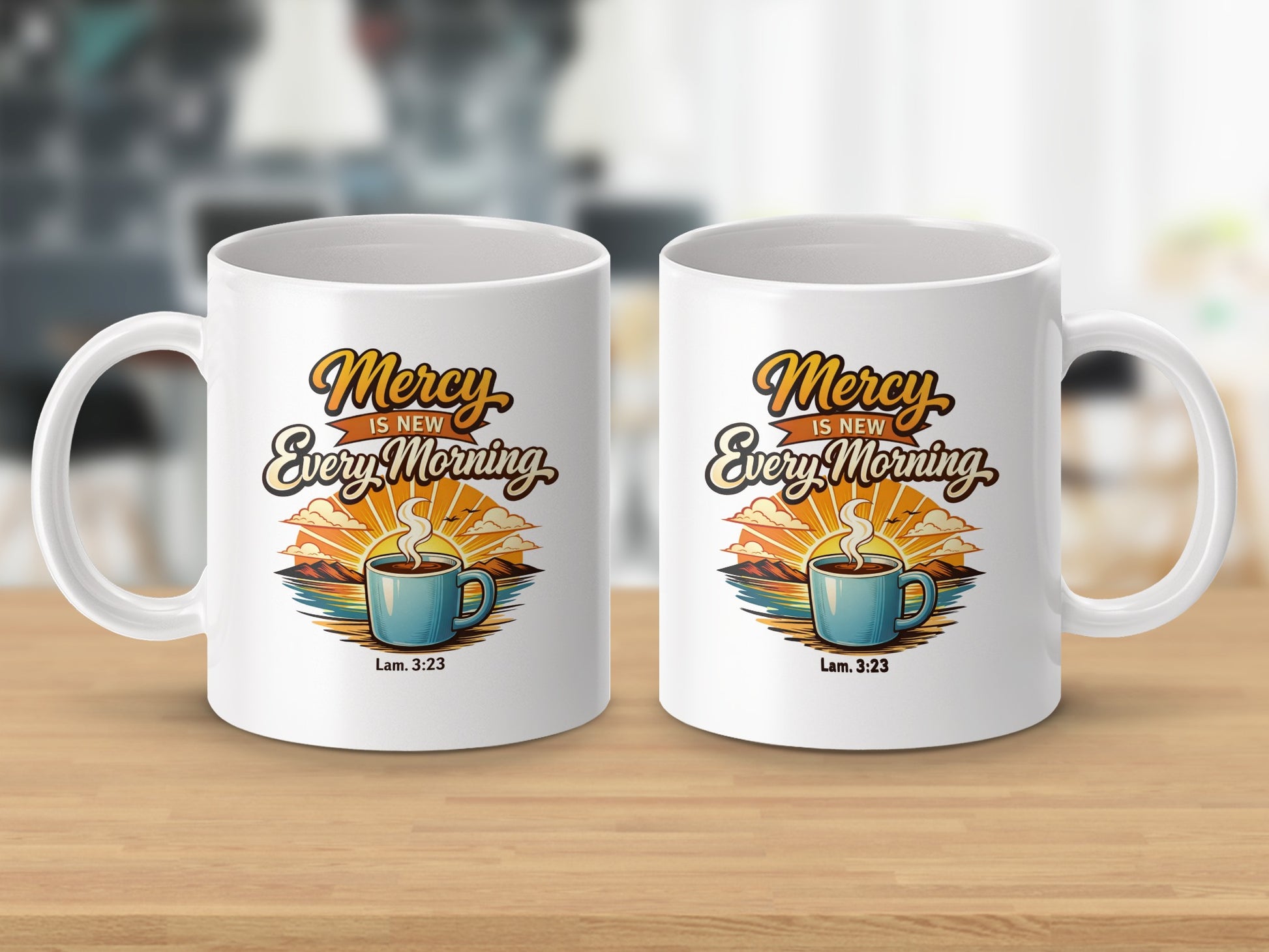 Two white mugs featuring the text "Mercy Is New Every Morning" with biblical reference Lam. 3:23.