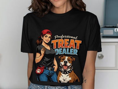 "Professional Treat Dealer" text with illustration of woman and happy dog