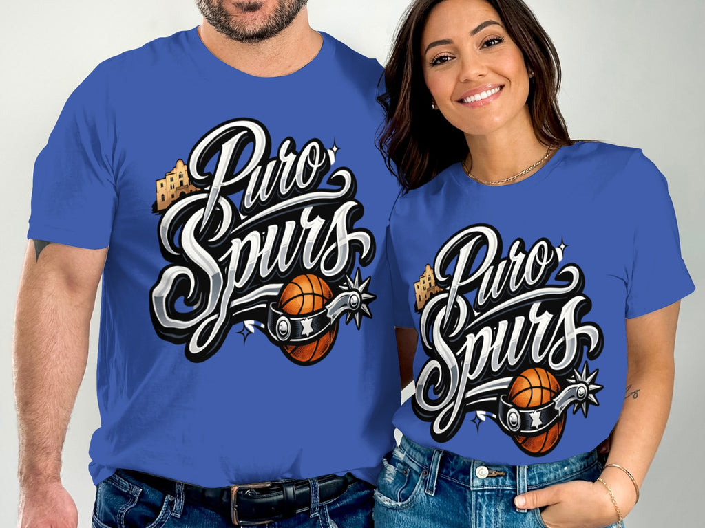Men and women wearing blue t-shirts with "Puro Spurs" logo, basketball, and spurs.
