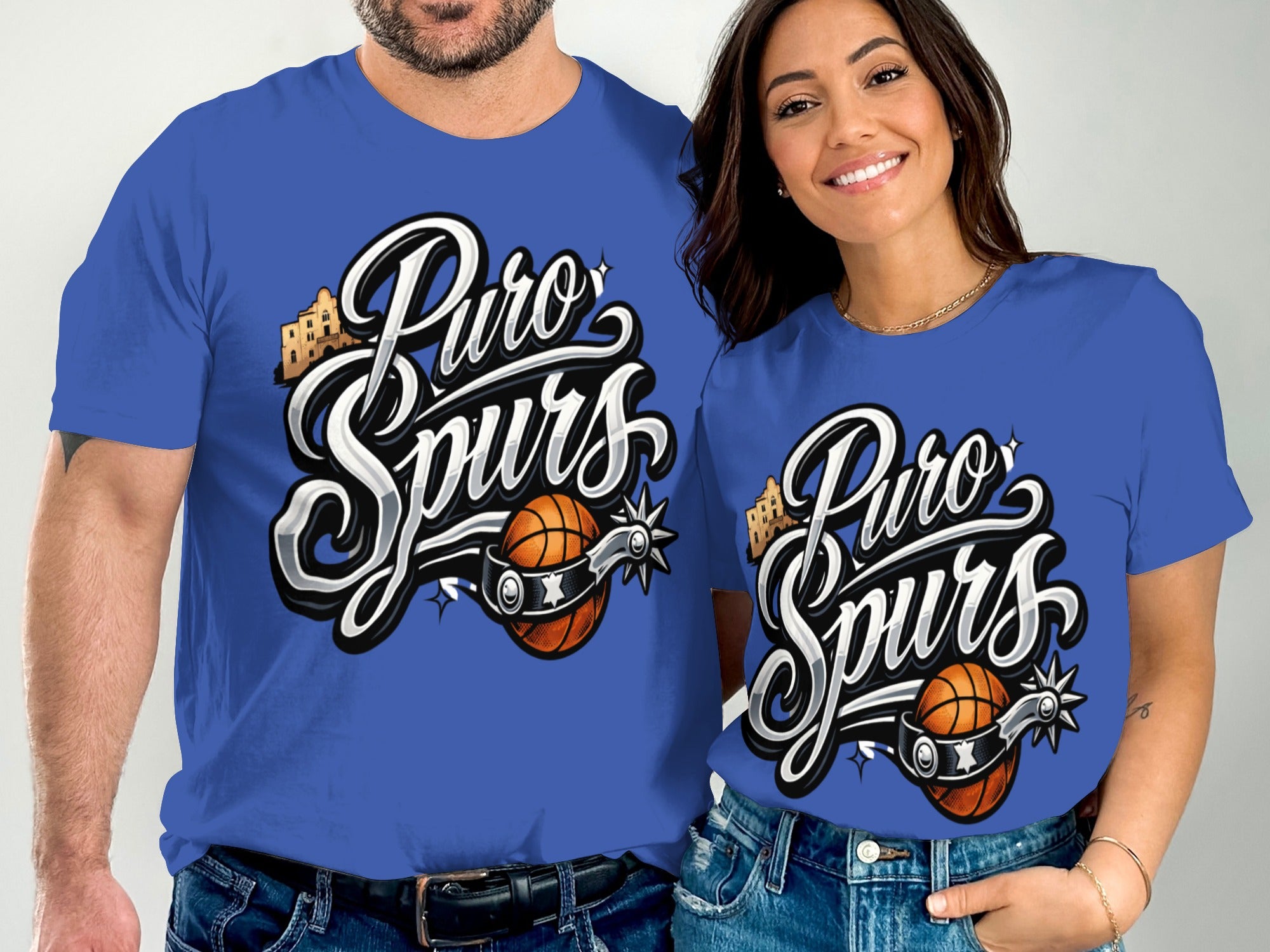 Men and women wearing blue t-shirts with "Puro Spurs" logo, basketball, and spurs.