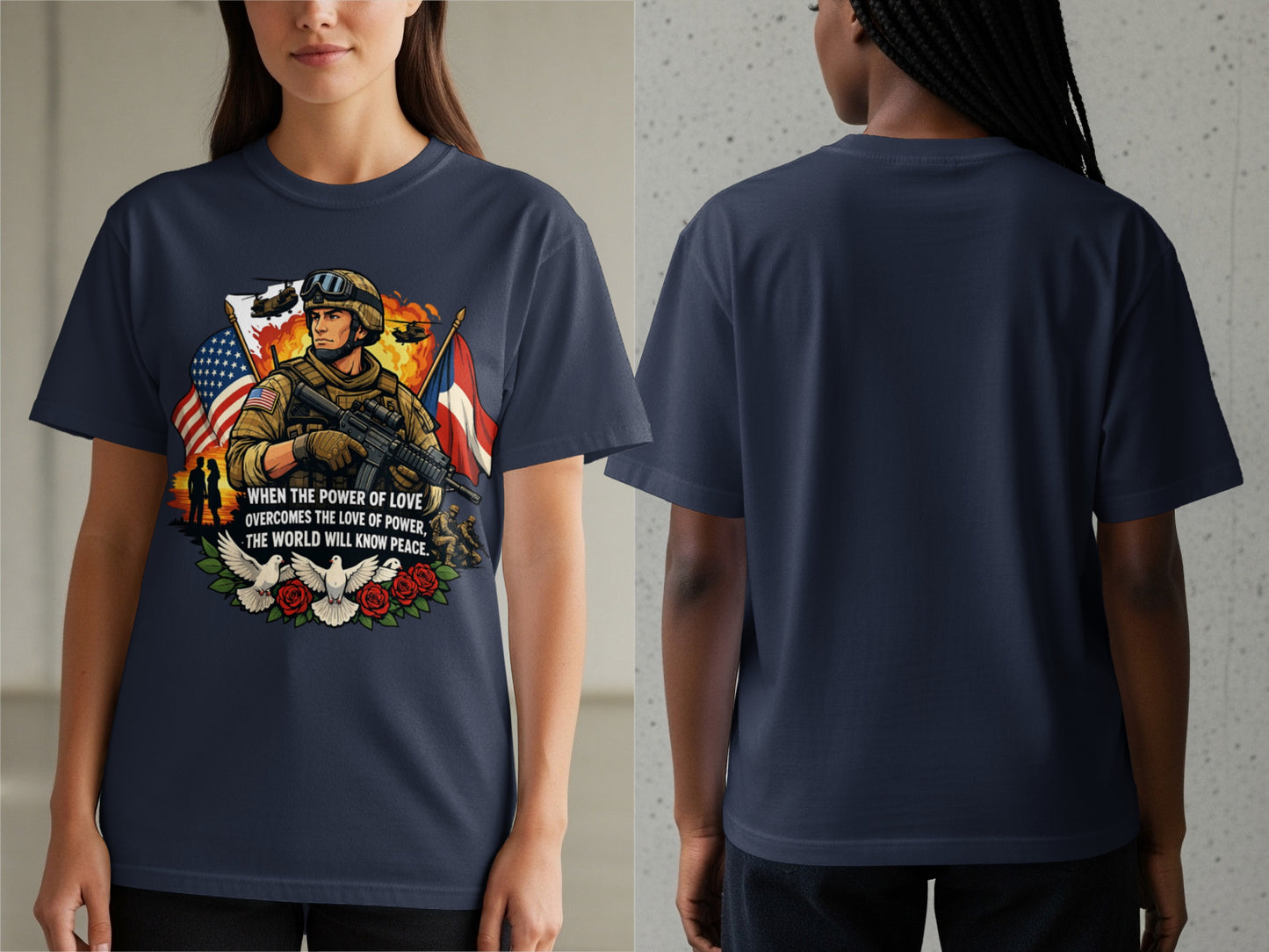 Graphic with soldier, flags, doves, roses, and text about love and peace.