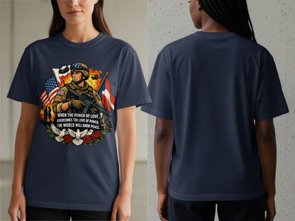 Graphic with soldier, flags, doves, roses, and text about love and peace.