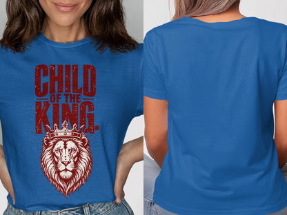 Blue t-shirt with red text "CHILD OF THE KING" and a lion wearing a crown.