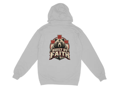 Bear and cross graphic with "BUILT BY FAITH" text on a grey hoodie.
