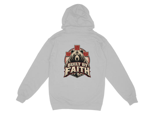 Bear and cross graphic with "BUILT BY FAITH" text on a grey hoodie.
