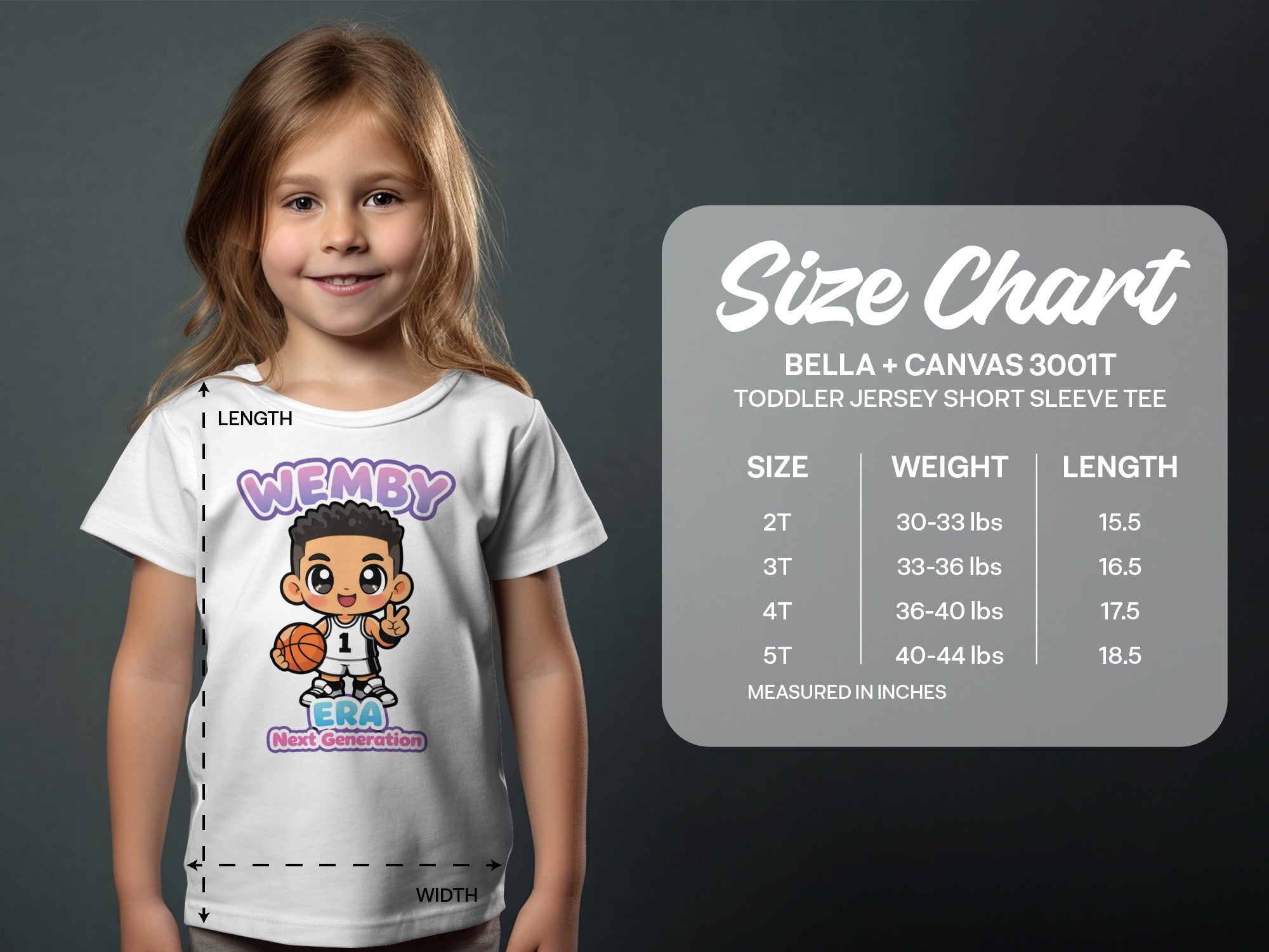 Girl wearing "WEMBY ERA Next Generation" t-shirt with size chart.