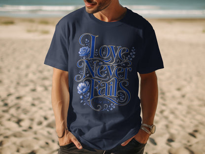 Navy t-shirt with "Love Never Fails" and 1 Cor 13:8 text with floral design.
