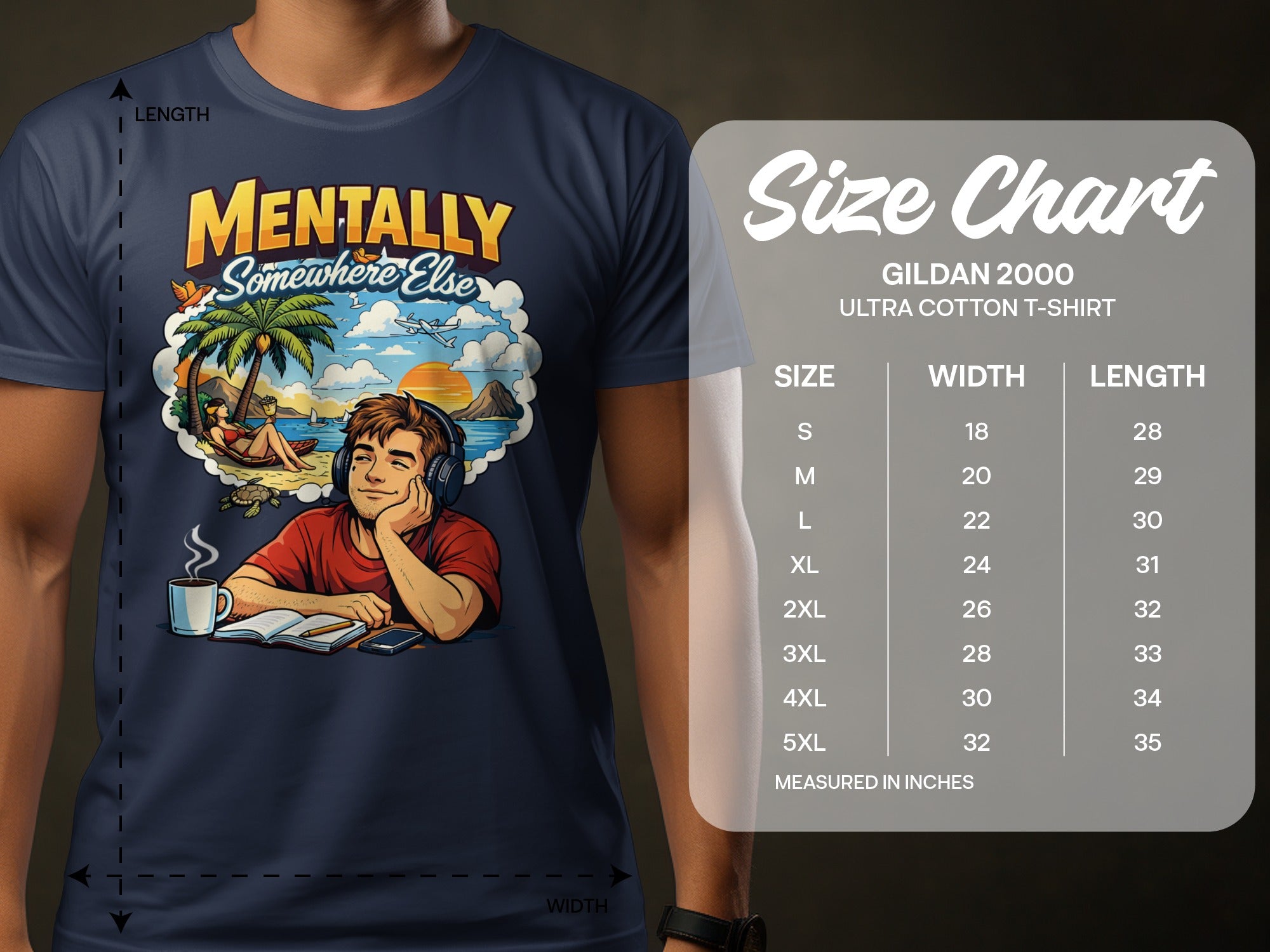 T-shirt with "Mentally Somewhere Else" graphic and Gildan 2000 size chart.