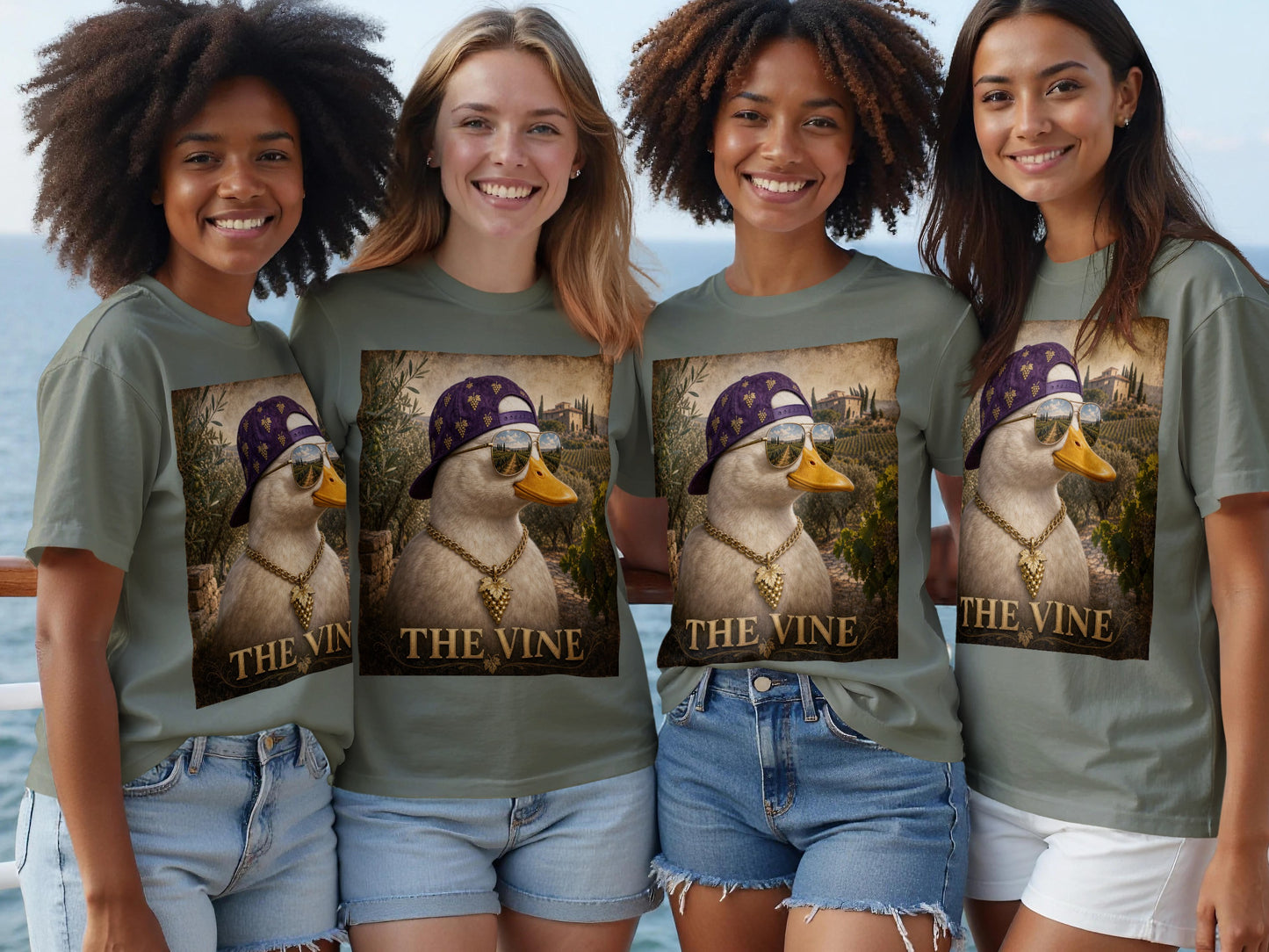 Four women wear t-shirts featuring a duck in sunglasses and hat with text "THE VINE".
