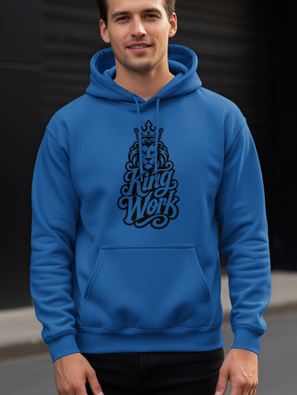 Blue hoodie with a black lion head and crown graphic with text "King Work."