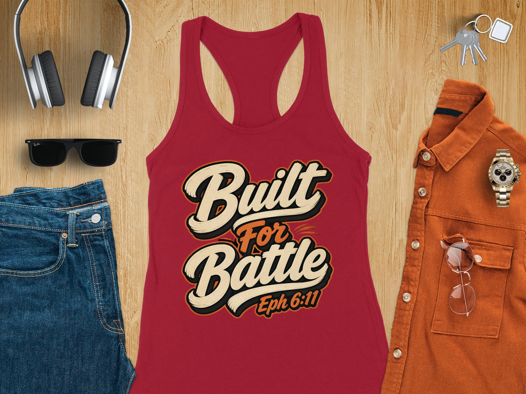 Red tank top with "Built For Battle Eph 6:11" text graphic.