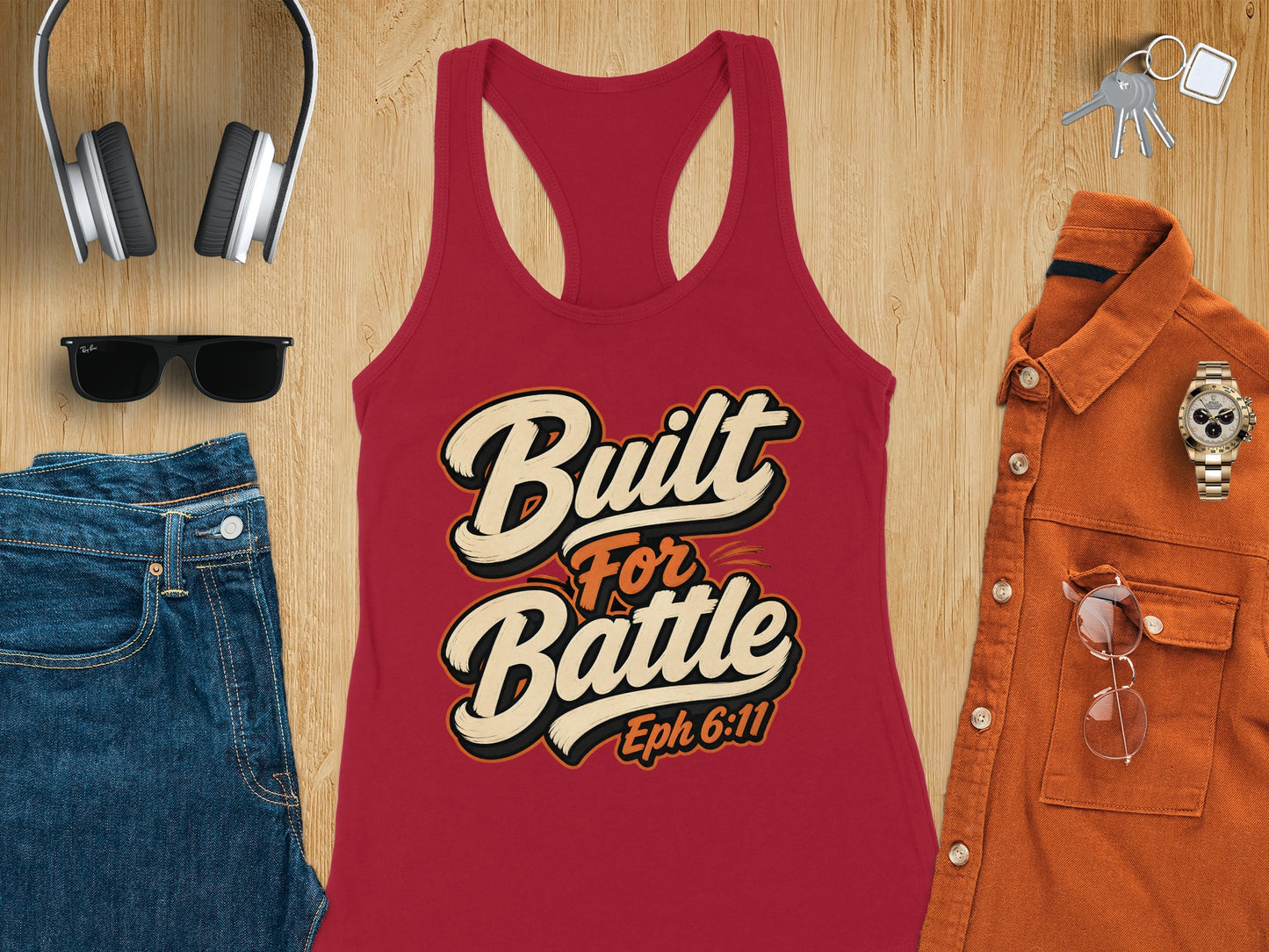 Red tank top with "Built For Battle Eph 6:11" text graphic.