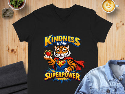 Black t-shirt with cartoon tiger in superhero costume holding a heart, text "Kindness is My Superpower".