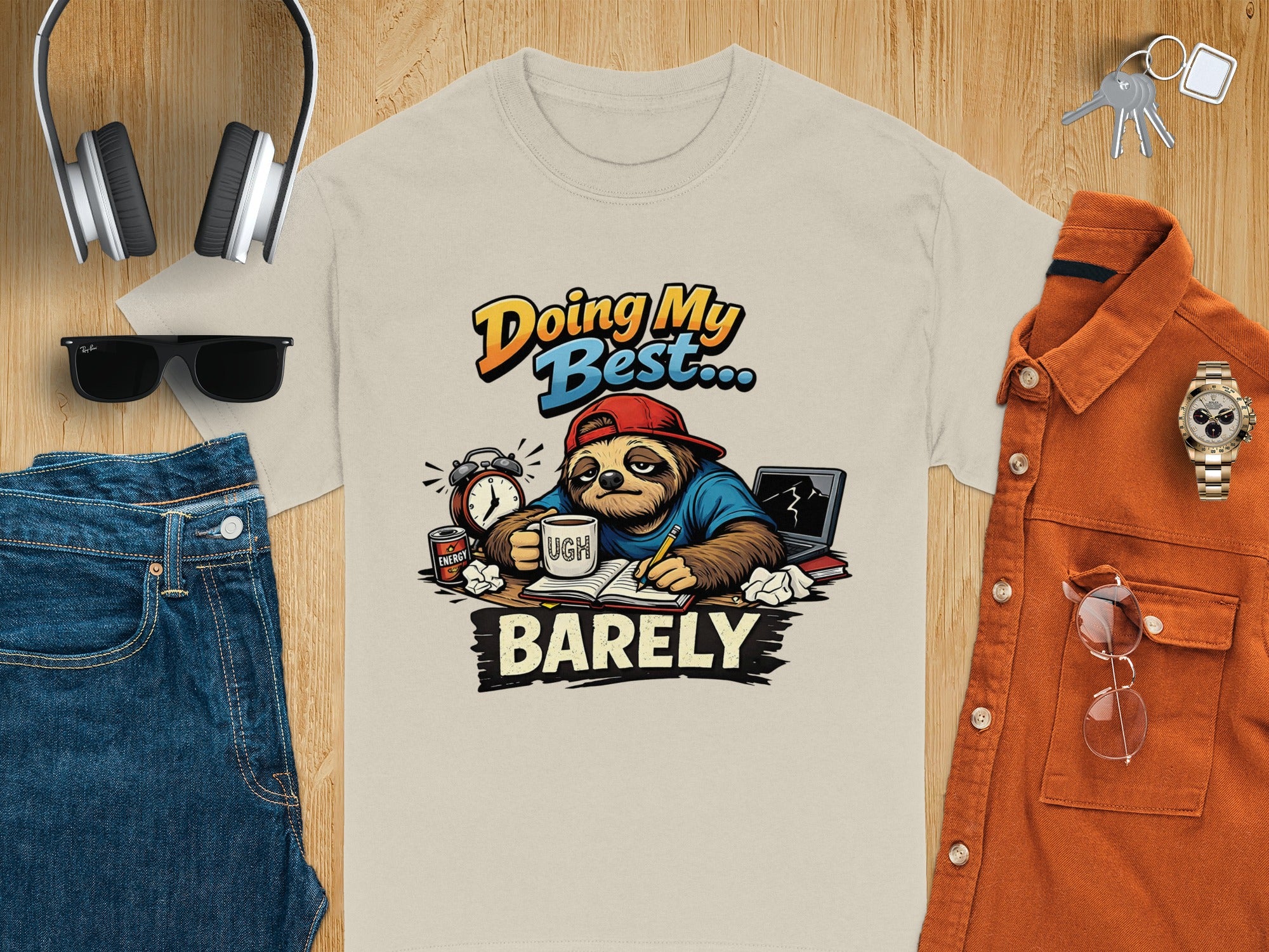 Sloth graphic tee with "Doing My Best... UGH BARELY" text and surrounding accessories.