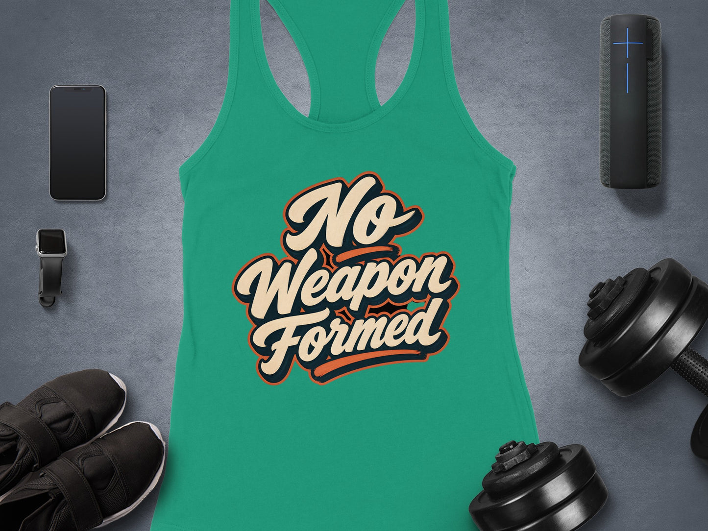 Green tank top with "No Weapon Formed" text, gym equipment, and phone.