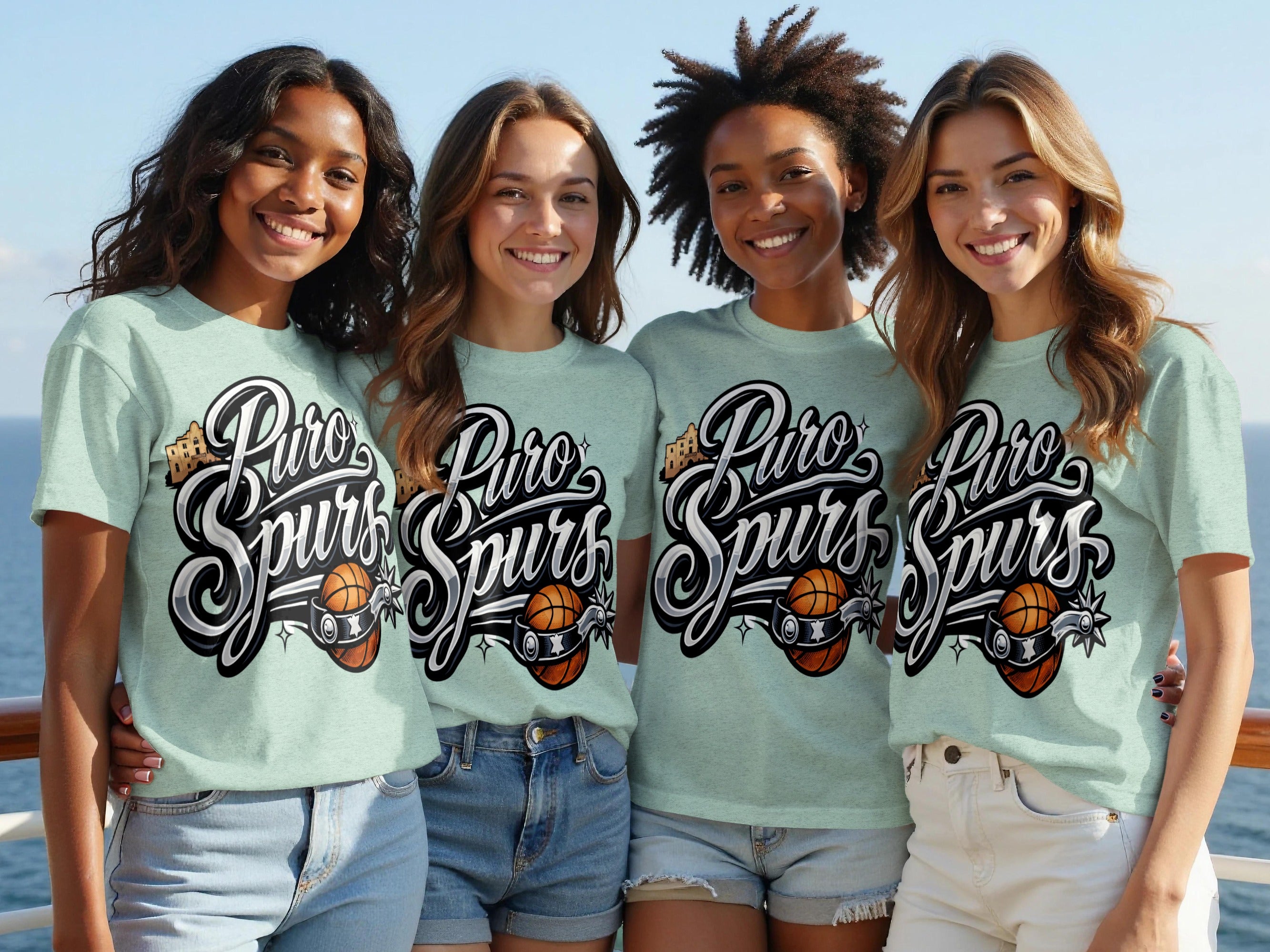 Four women wear light green t-shirts with "Puro Spurs" basketball graphic.