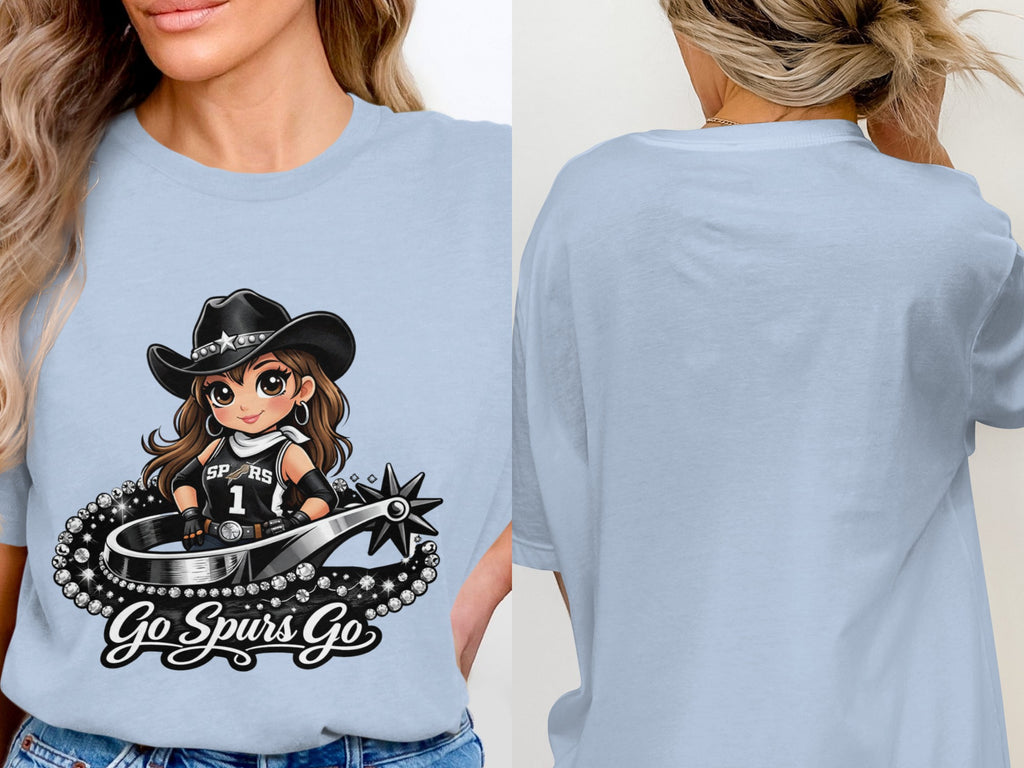 Chibi cowgirl in Spurs jersey and hat with "Go Spurs Go" text.