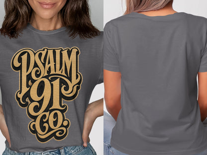 Gray t-shirt with large gold "PSALM 91 CO" text on front and plain back.
